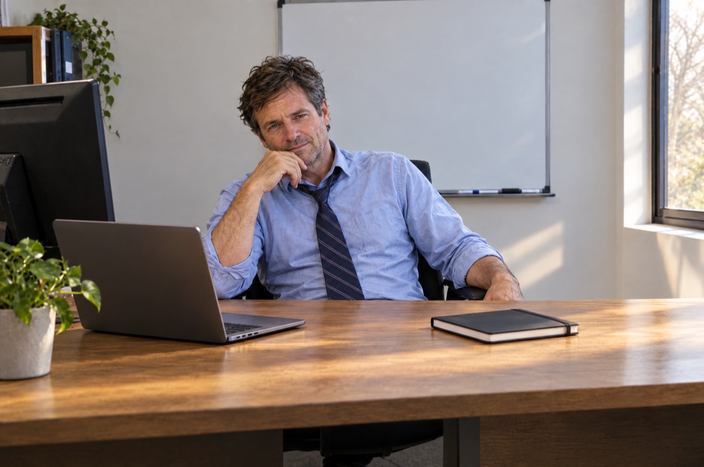 The same owner at the same desk, now clear: one laptop, one notebook, a wiped whiteboard, and him at ease