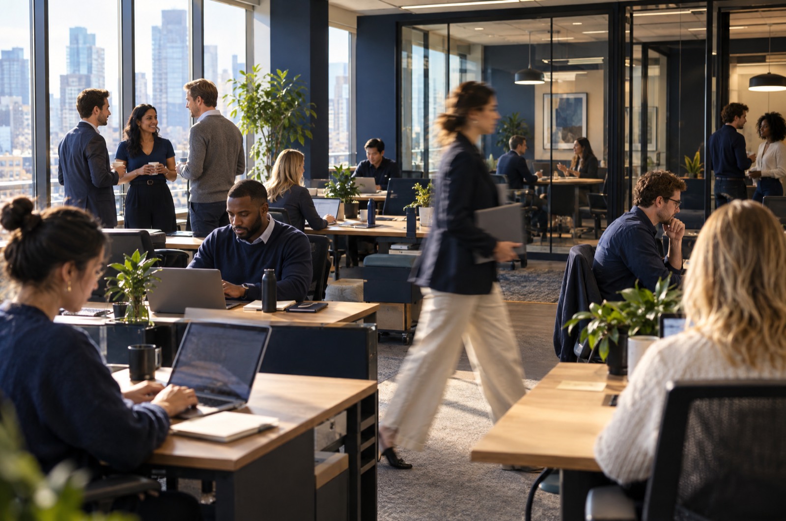 A busy open-plan office above a city skyline: people working at laptops, colleagues talking over coffee, someone walking between the desks