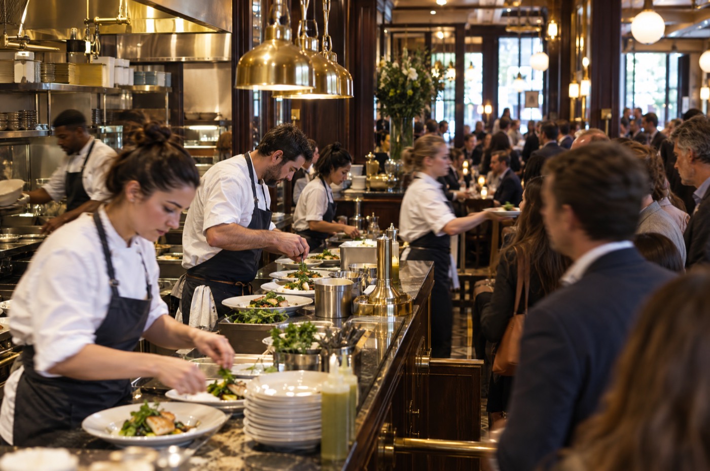 Staff serving a full house at a busy restaurant counter