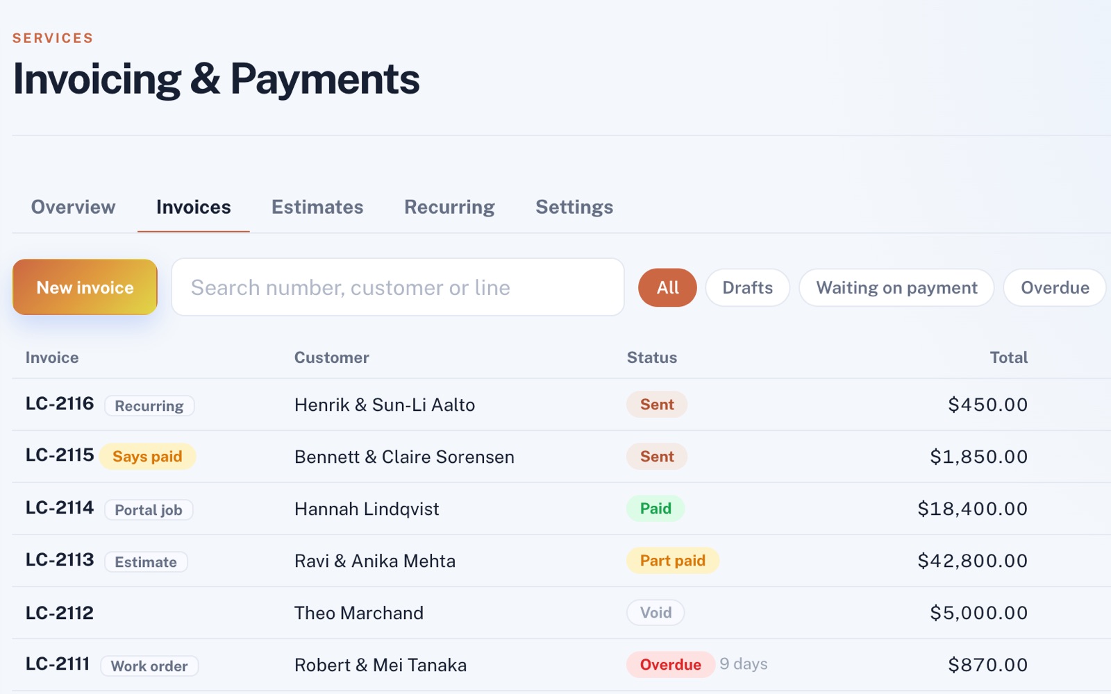 Invoicing & Payments invoice list: Recurring and Says paid invoices sent, a Portal job paid, an Estimate part paid, one voided and a Work order 9 days overdue.