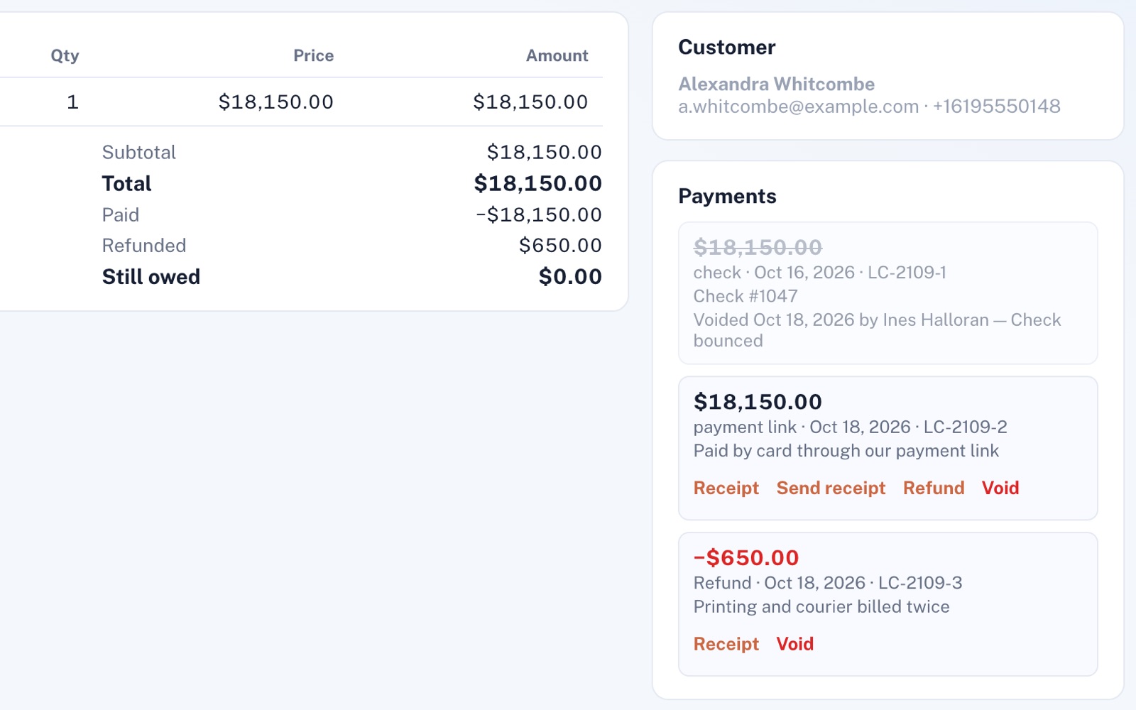 One paid invoice's totals beside its payments: an $18,150 check crossed out as voided because it bounced, an $18,150 card payment and a $650 refund.