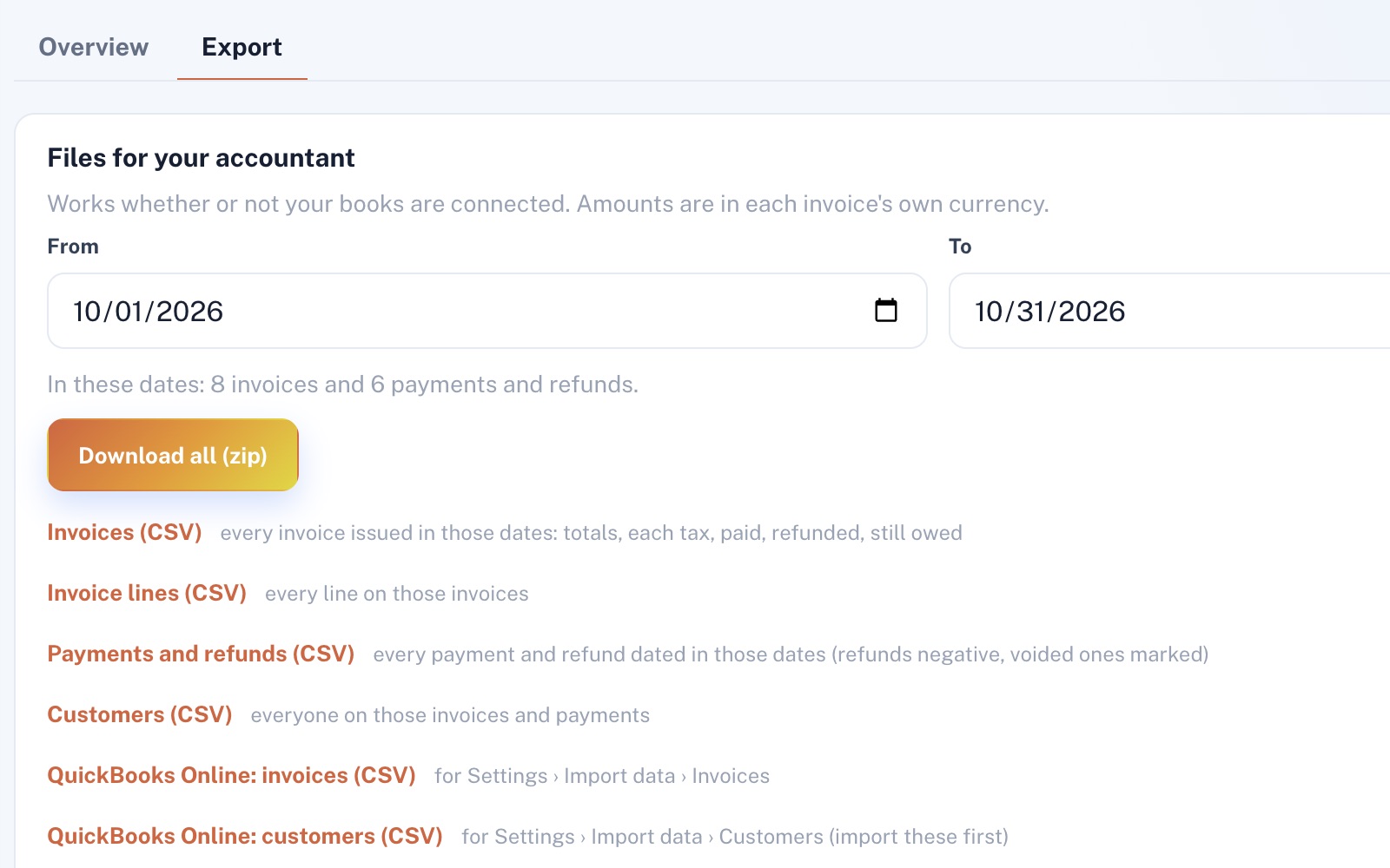 The Export tab's Files for your accountant card: Oct 1 to Oct 31, 2026, 8 invoices and 6 payments and refunds, a Download all (zip) button and six CSV files.