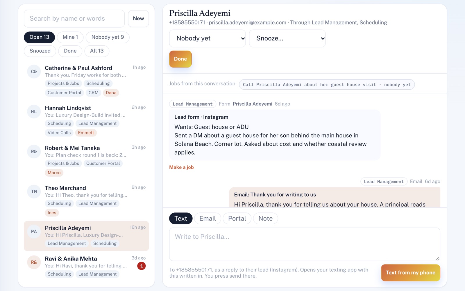 Customer inbox with Priscilla Adeyemi's thread open: her lead form tagged Lead Management, the start of the emailed reply, a job made from it and the reply box on Text.