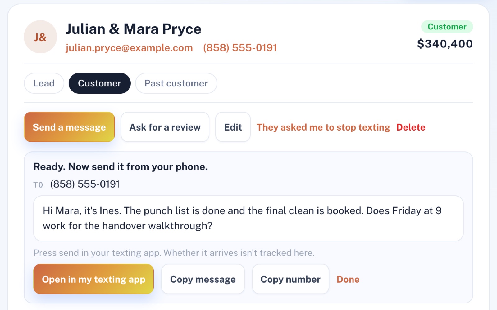 A customer's page in the CRM with a text ready to go: their number, the written message, and buttons to open it in your texting app, copy it, or copy the number.