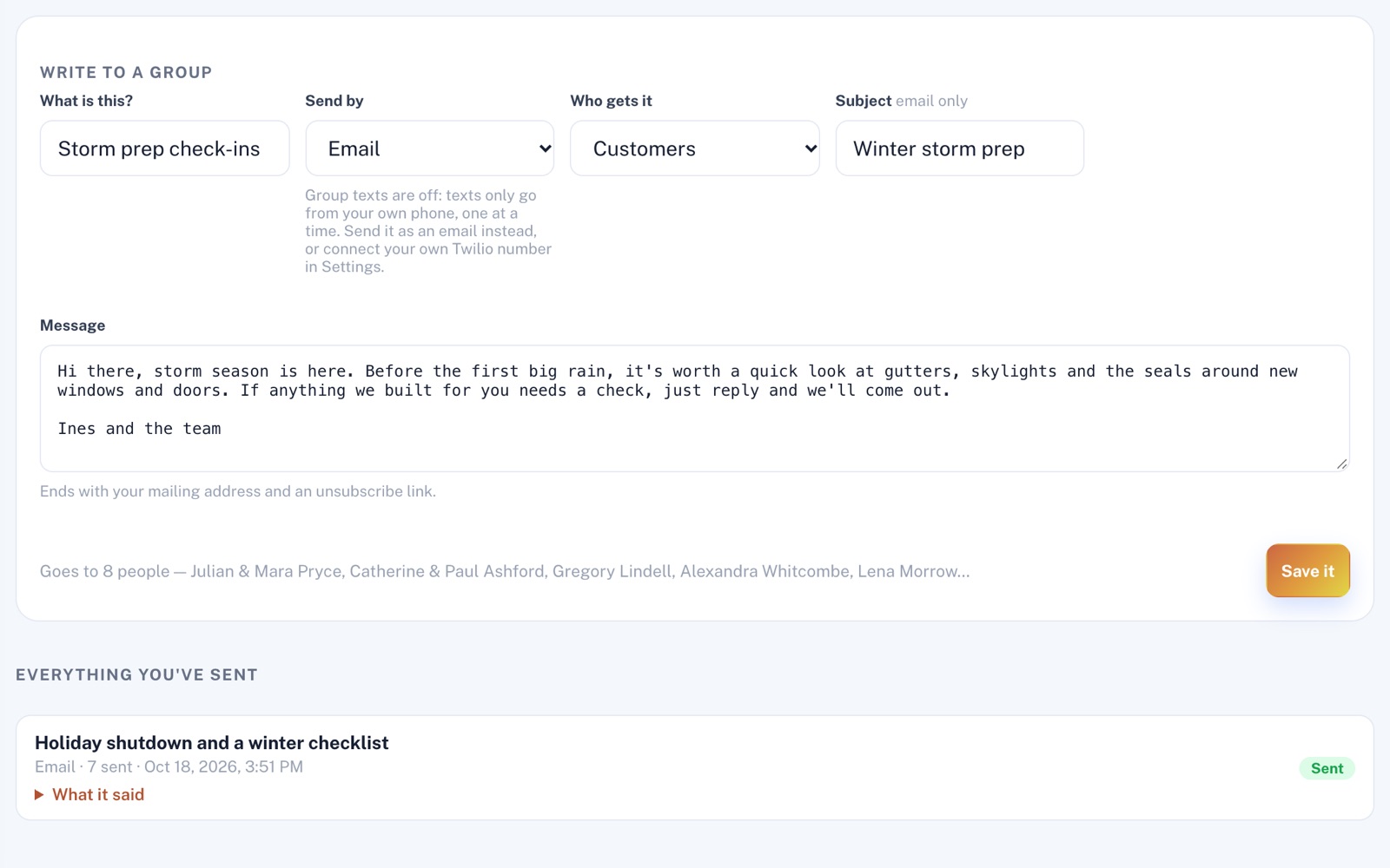 Writing one email to the Customers group: the form says it goes to 8 people and names five of them, with an earlier email listed below as sent to 7.