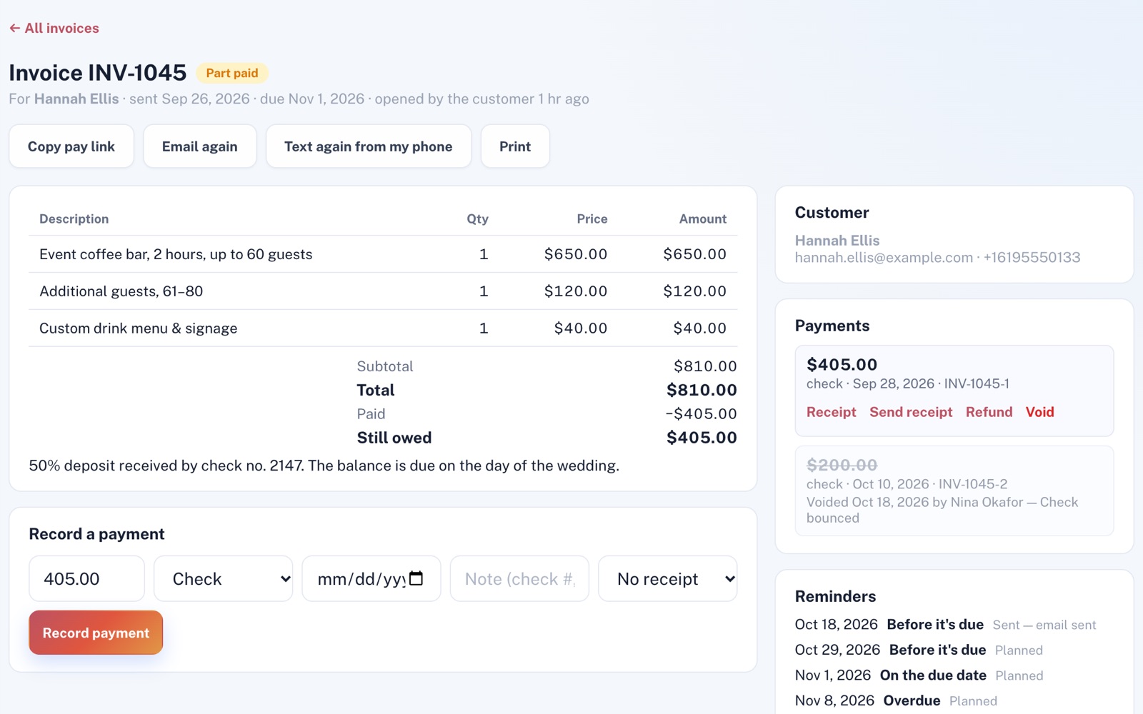 Invoice INV-1045, part paid: its lines and totals, a $405 check and a voided $200 check that bounced, and four reminders, one sent and three planned.