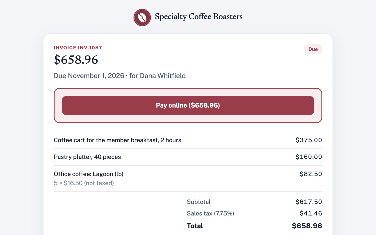 An invoice page with the business's logo and name: $658.96 due November 1, 2026, a Pay online button, three line items (one not taxed), sales tax and the total.