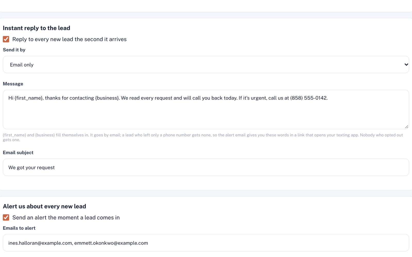Speed-to-lead settings: the instant email reply switched on with its message and subject, and new-lead alerts switched on for two email addresses.