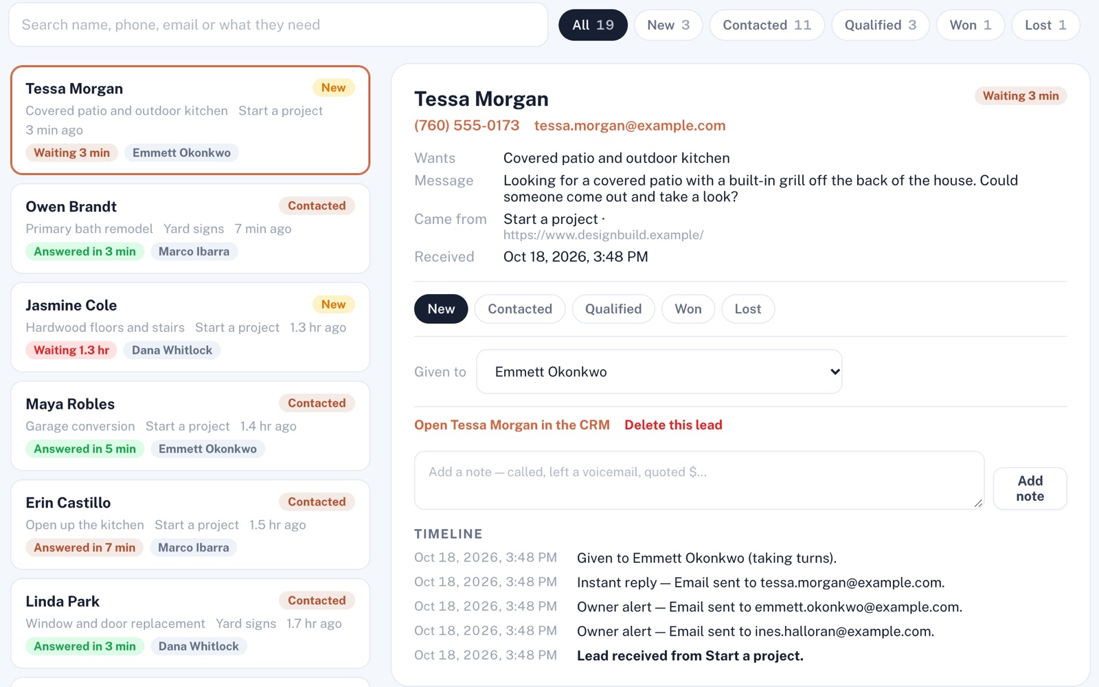 Lead Management inbox: leads listed newest first with waiting and answered-in times, and a new website lead open with its request, status buttons and timeline.