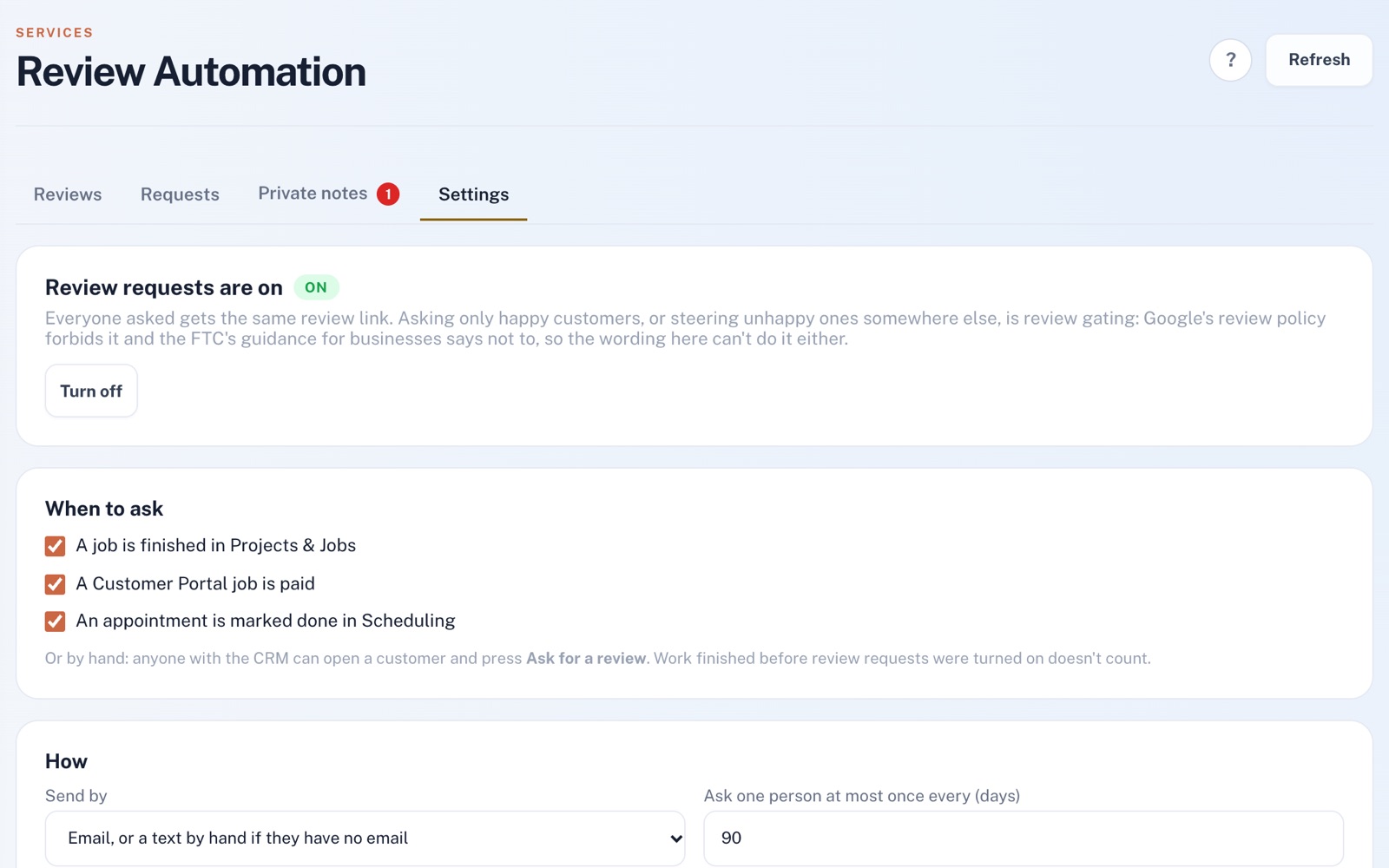 Review Automation settings: review requests on, a note that everyone gets the same review link and gating isn't allowed, three triggers ticked, and how requests are sent.