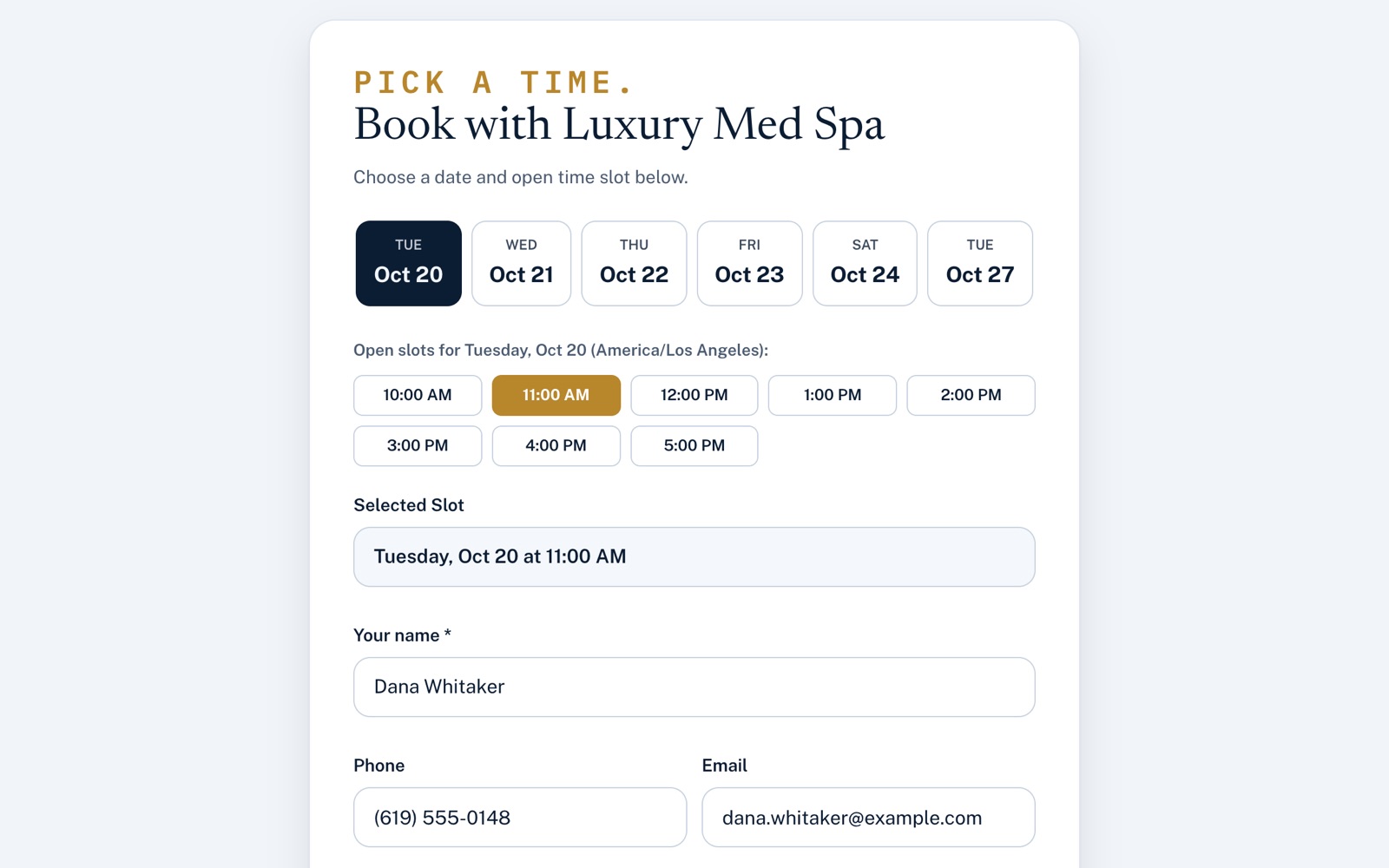 Public booking page for Luxury Med Spa: Tuesday, Oct 20 selected, 11:00 AM picked from eight open times (America/Los Angeles), and name, phone and email filled in.