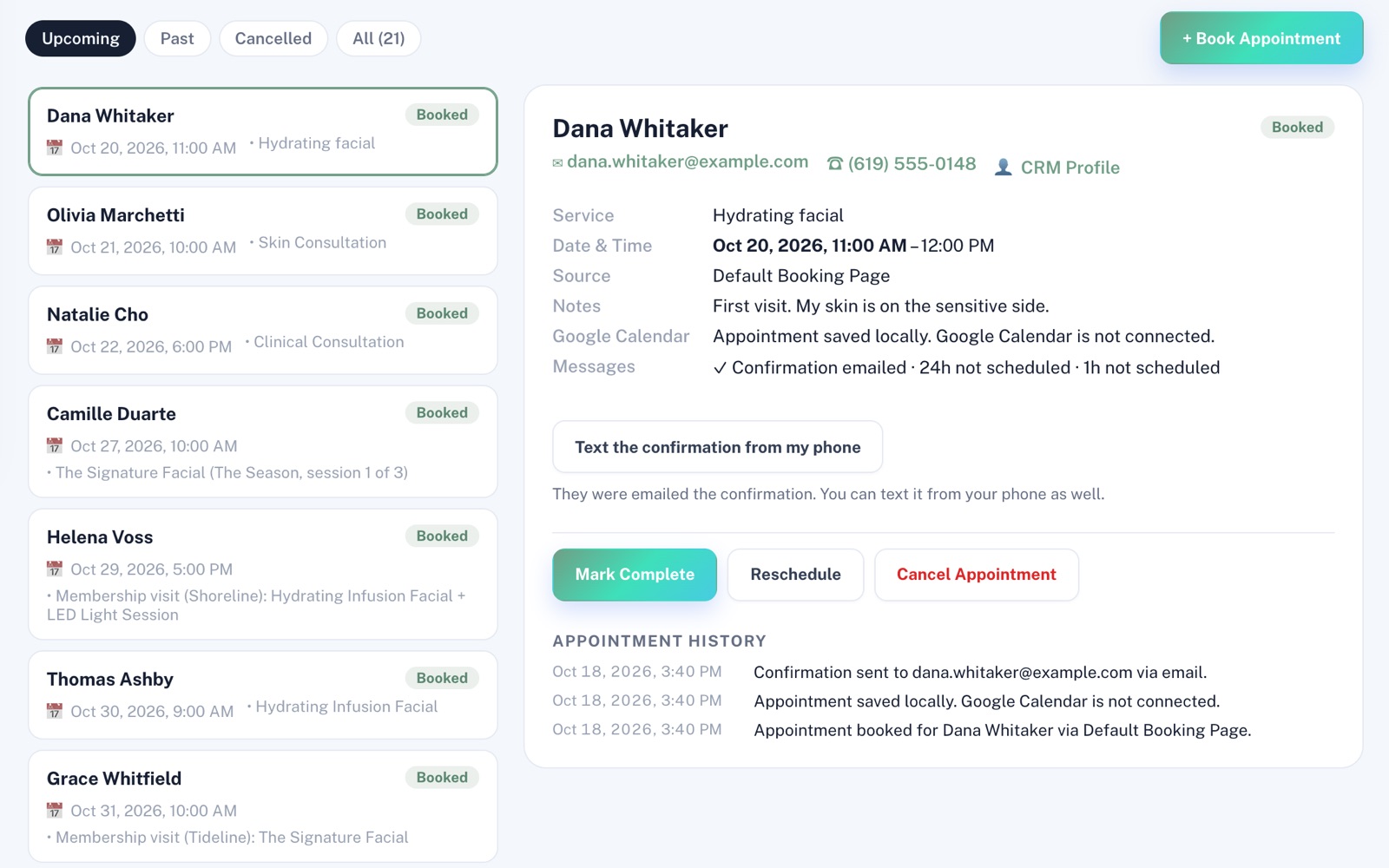 Upcoming list beside Dana Whitaker's booking: contact, service, time, source, notes, a Google Calendar note, Confirmation emailed, Mark Complete, Reschedule, Cancel and history.