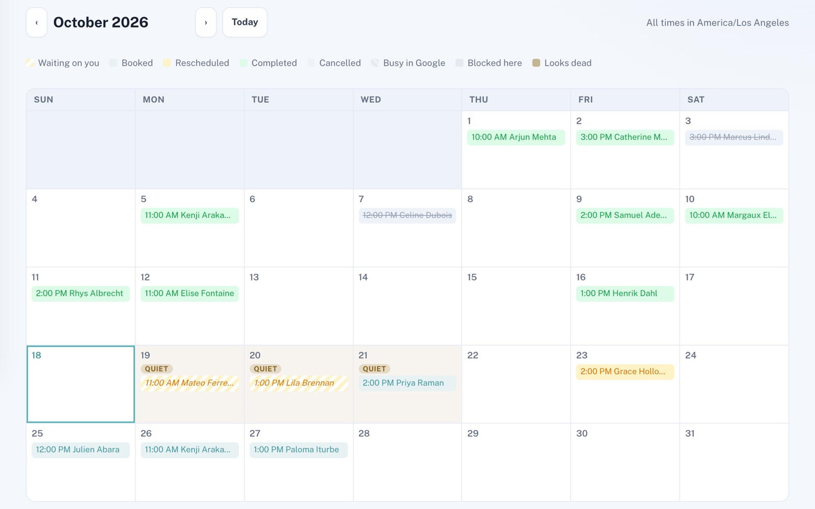 October 2026 month calendar with its color legend: 17 appointments shown as chips with a time and a name, two struck through, and October 19 to 21 tagged Quiet.