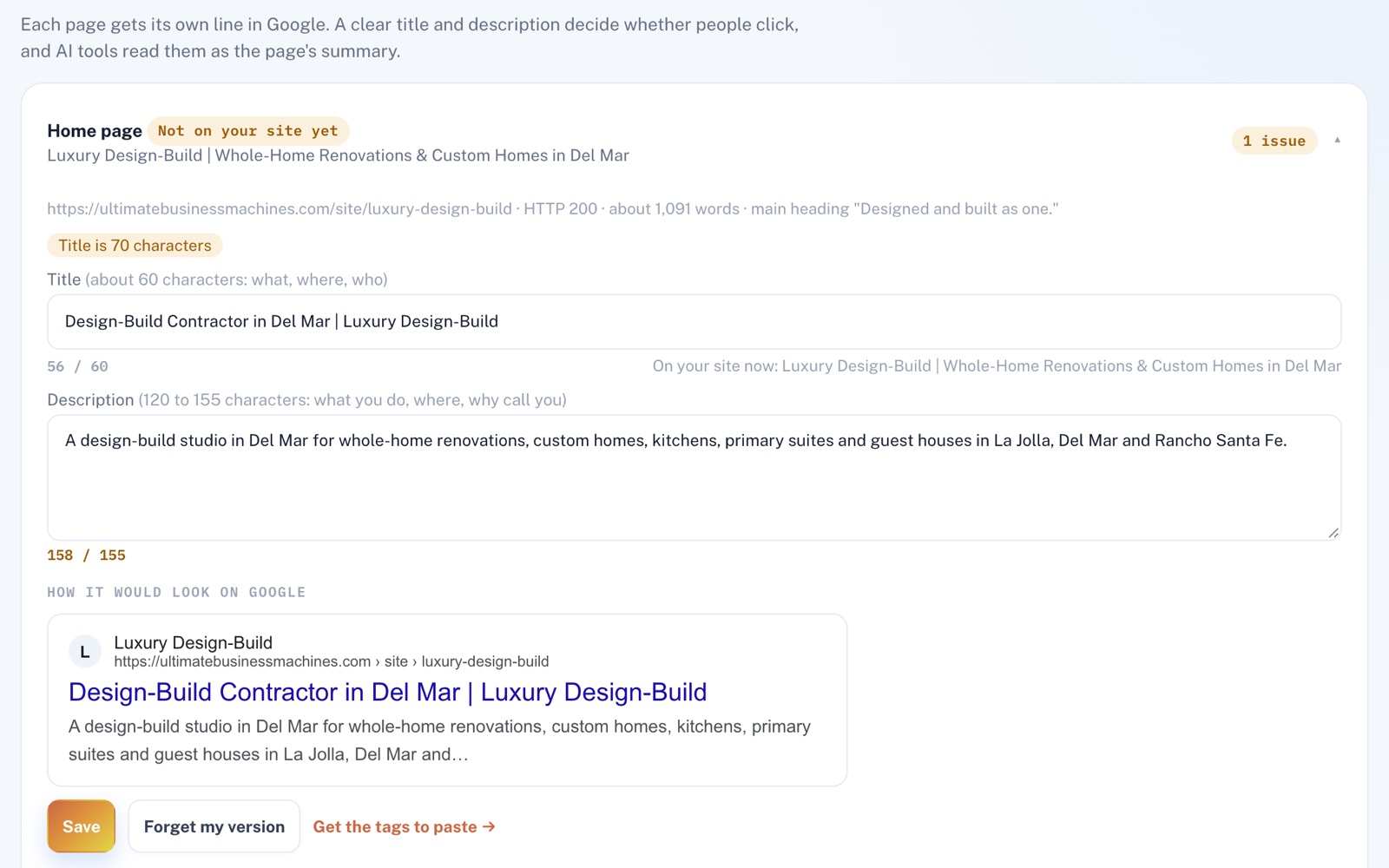 Pages tab: a new 56-character home page title marked Not on your site yet, the 70-character one still on the site, and a Google preview cutting the description at 'Del Mar and'.