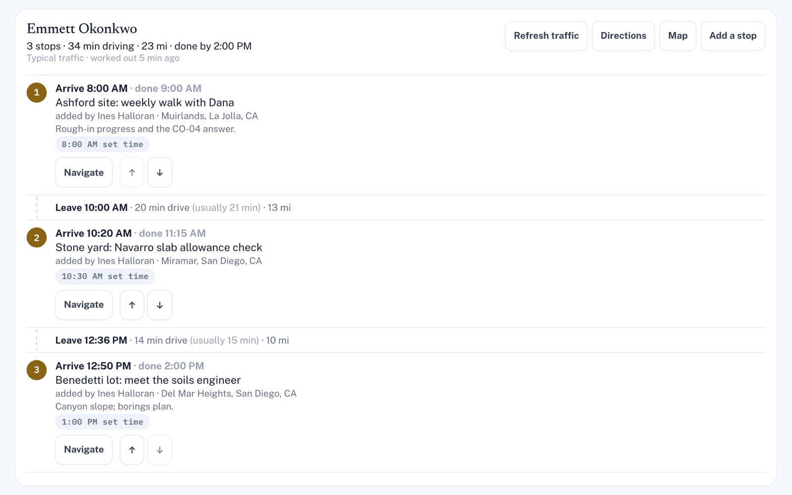 A crew member's route card: a summary line, three stops with set and arrival times, two drives with leave time, minutes and miles, and Directions and Navigate buttons.