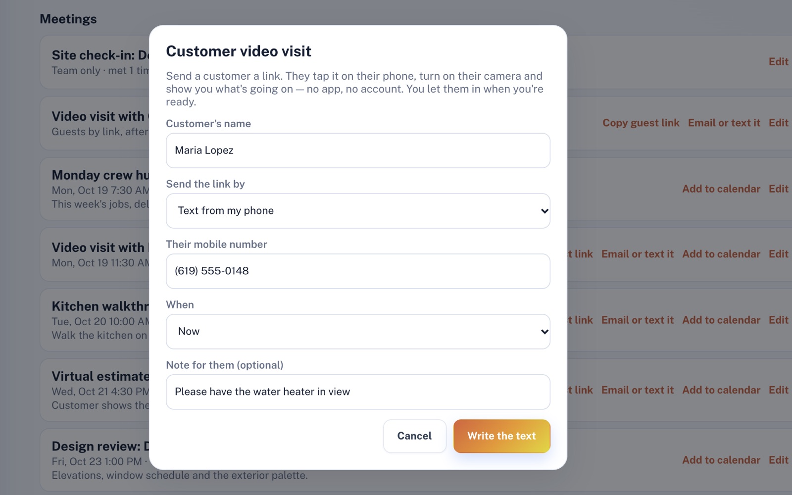 The Customer video visit form filled in for Maria Lopez: Text from my phone to (619) 555-0148, when Now, a note asking to see the water heater, and Write the text.