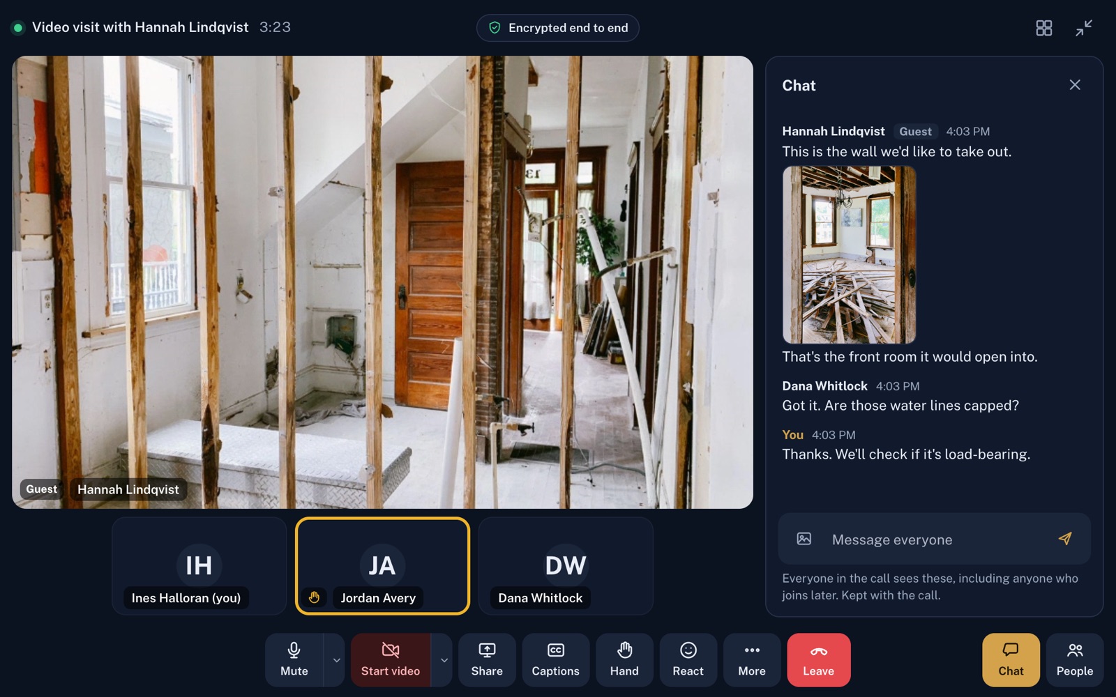 A video visit in progress: the customer's camera shows a wall opened to the studs, three team members sit in a strip, and the chat holds her photo and the team's replies.