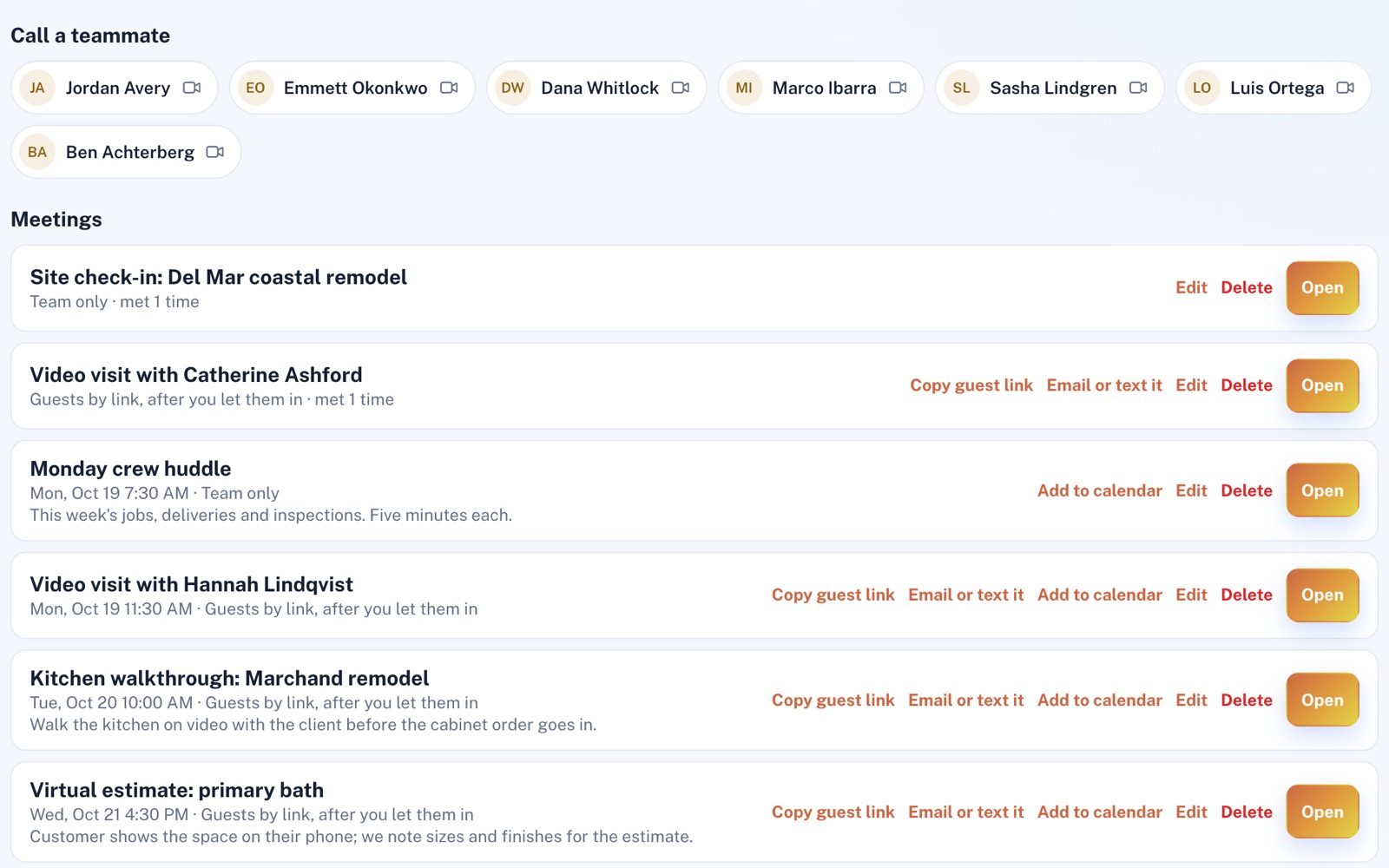 The Video Calls page: Call a teammate with seven people, then six meetings, four of them open to guests by link with Copy guest link and Email or text it.
