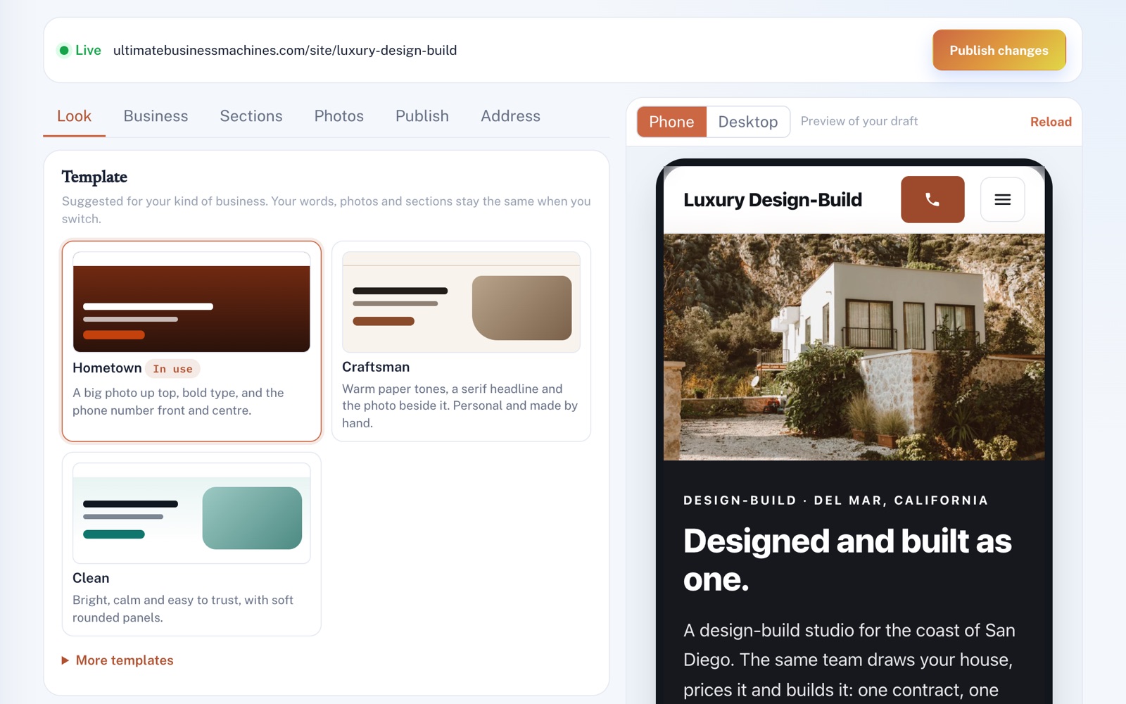 Website Machine's Look tab: the site is live at its own address, Hometown is in use among three suggested templates, and a phone preview shows the draft site.