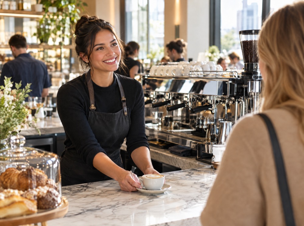 A café owner behind a marble counter, serving a customer during the morning rush