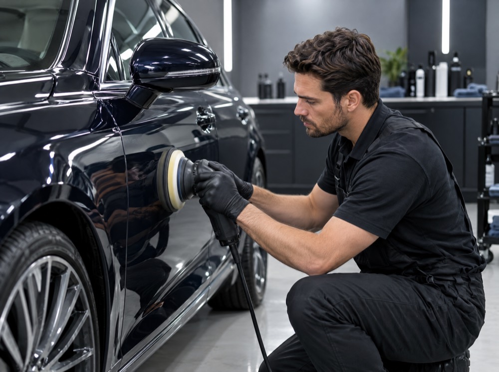 A detailer polishing a dark sedan in a spotless modern detailing bay